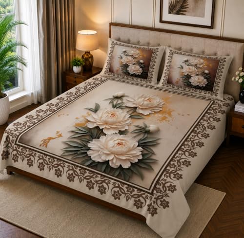 Image of 7D Digital Printed King Size Bedsheet | 240TC Premium Cotton Feel Microfiber with 2 Pillow Covers | Soft Breathable & Wrinkle Free Bedding Set | (Cream, King Size-225x250CM)