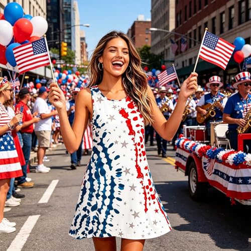 Image of Roshop Womens Juneteenth Flag Sleeveless Dress 4th of July Patriotic Swing Sundress with Pockets