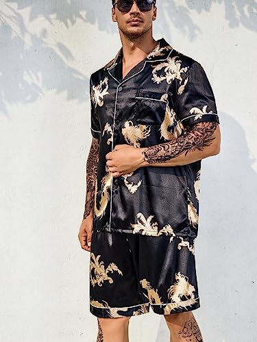 WDIRARA Men's Extended Size Sleepwear Dragon Print Short Sleeve Button Front Shirt and Shorts Satin Pajama Set3