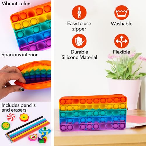 Image of ArtCreativity Pop It Pencil Case for Kids - Silicone Pop Up Case with 6 Colorful Pencils and 6 Erasers - Sensory Fidget Pouch for Boys and Girls (Pack of 2)