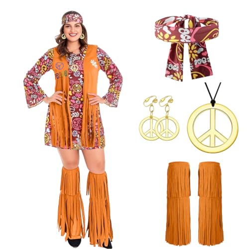 Fantasia hippie de tamanho grande para mulher, vestido hippie mulher disfarce, conjunto de disfarce hippie para mulher, acessórios hippie, roupa dos anos 70 para mulher para carnaval festa cosplay