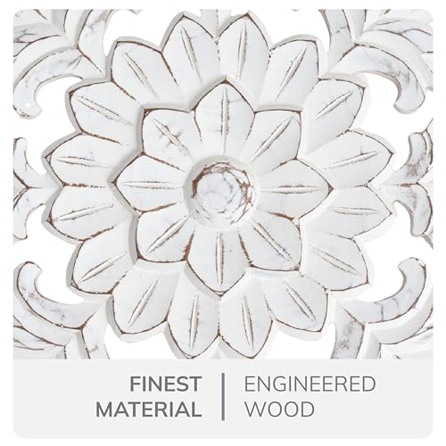 Image of JFY Designs Blaze Hand Carved Wood Medallion Wall Panels Bedroom Decor | Wall Mount Floral Sculpture Wall Art for Living Room, Bedroom Set, White Distressed Finish, Square 24 x 24 inch