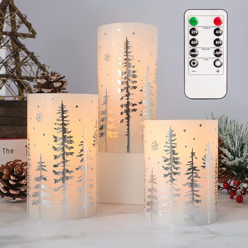 Image of Christmas Flameless Candles with Remote & Timer Flickering Real Wax LED Pillar Candles, Silver Christmas Tree Snowflake Battery Operated Candles, Xmas Gift Farmhouse Home Holiday Decoration - Set of 3