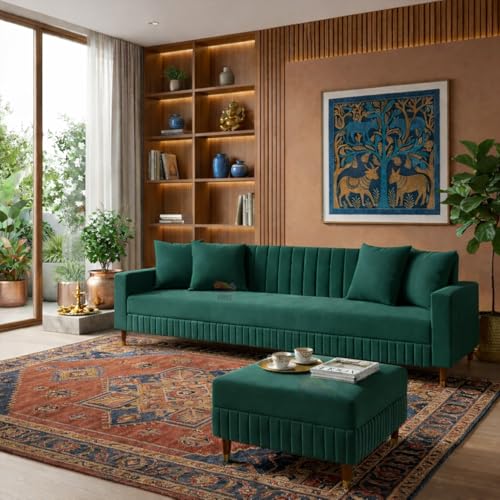 Image of SRMS Solid Wood 4 Seater L Shape Velvet Fabric Sofa Set with Four Cushions | Perfect for Home Office Guests Living Room | Sofa Set for living Room | 74 x 32 x 30 inches | Teal Green