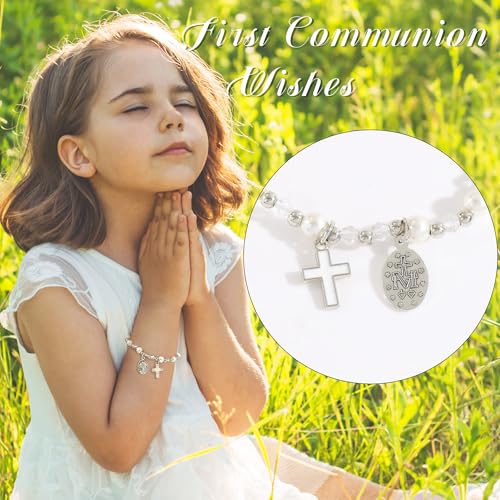 Image of BAYLAY First Communion Baptism Confirmation Gifts for Kids Girls - Cross Bracelet for Girls Pearl Bracelet First Communion Baptism Confirmation Bracelet