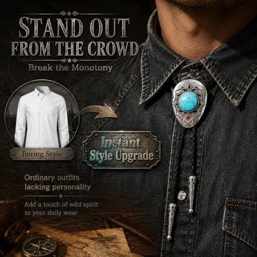 Image of Turquoise Bolo Tie for Men, Leather Braided Necktie Western Cowboy Bola Tie Costume Accessories for Men Women