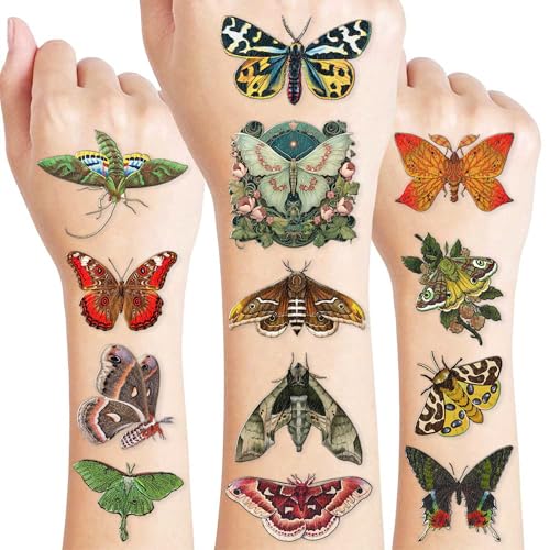 96 PCS Funny Moth Pre-Cut Temporary Tattoos Decoration Birthday Party Decorations Favors Supplies Themed Decor Luna Lunar Moth Decor Bug Insect Art Stickers Girls Boys Classroom School Prizes Reward