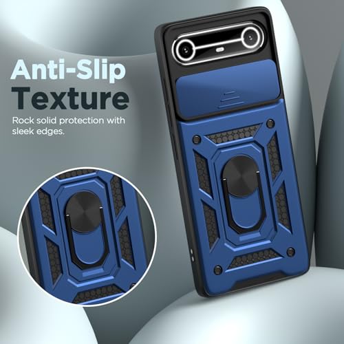 Image of Pikkme Back Cover for Tecno Pova Slim 5G | 360 Protection Case | Sliding Camera Shield Cover & Ring Holder Stand D10 Tough Armor Bumper Case (Blue)