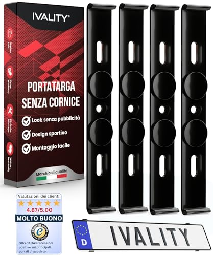 IVALITY® Portatarga senza cornice, supporto invisibile per targa auto, portatarga senza telaio, Per targhe italiane, Nero