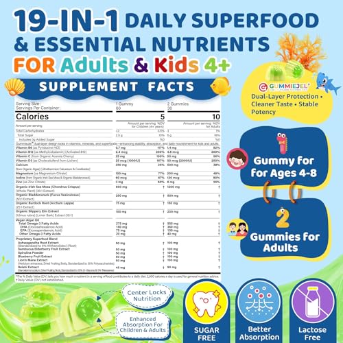 Image of Sea Moss + Elderberry Gummies for Kids & Adults, 19-IN-1 Super Food with Spirulina, Algae Omega 3, Algae Calcium, Ashwagandha, Mushroom, Vitamins D3, C for Immune, Gut, Bone, Energy, Brain,Vegan 60Cts