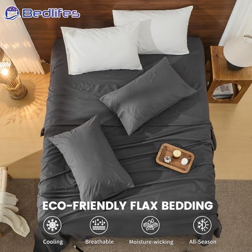 Image of Bedlifes 100% French Linen Queen Bed Sheet Set - 16 inch Deep Pocket, 4-Piece | Soft & Durable, Breathable & Cooling, Pure Flax Linen, OEKO-TEX Certified, Moisture-Wicking, Easy Care, Machine Washable