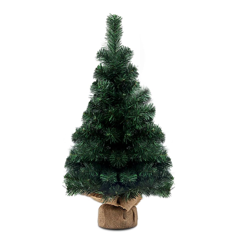 Artificial Mini Christmas Tree, 60cm Miniature Pine Tree Small Indoor Home Desk Table Xmas Decoration with Hessian Wrapped Base for DIY Christmas Party Decoration