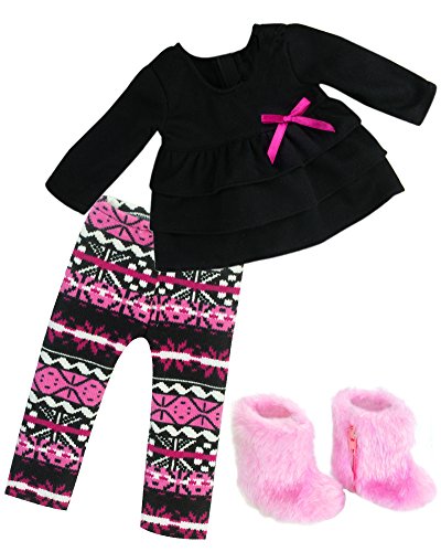 Sophia's Mix & Match Ikat Print Knit Leggings, Long-Sleeved Ruffle Top, & Fuzzy Boots Complete Outfit Set for 18” Dolls, Hot Pink/Black