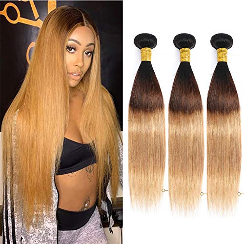 1B 27 Ombre Brazilian Straight Hair 3 Bundles 7A Grade Honey Blonde Dark Root Ombre Wavy Weave Human Hair Extensions 100g/pcs Unprocessed Hair (24"26"28")