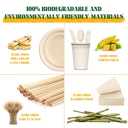 Fehhto 400Pcs Disposable Paper Plates Set, Compostable Eco-Friendly Dinnerware Set, Biodegradable Heavy-Duty Paper Plates, Utensils, Cups And Straws For Party Camping 50 People #TOP3