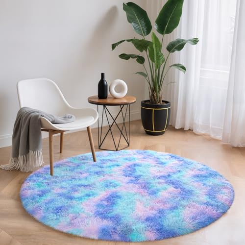 Rainbow Round Rug for Bedroom, 4Ft Fluffy Circle Area Rugs for Living Room, Shag Fuzzy Carpet for Kids Room, Nursery, Dorm, Classroom, Teen, Cute Baby Play Mat Home Decor Aesthetic, Blue