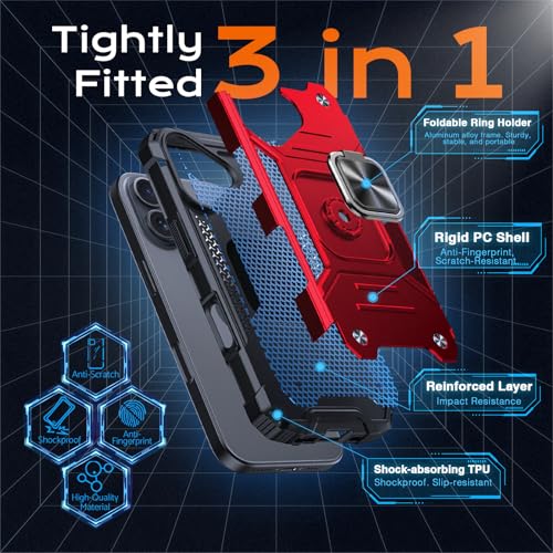 Image of Anqrp Heavy Duty Case for iPhone 16 Case with Enhanced Ring Holder Grip Stand, Military Grade Shockproof Rugged Drop Protective Silicone Hard Slim iPhone 16 Phone Case Cover,Corail Red