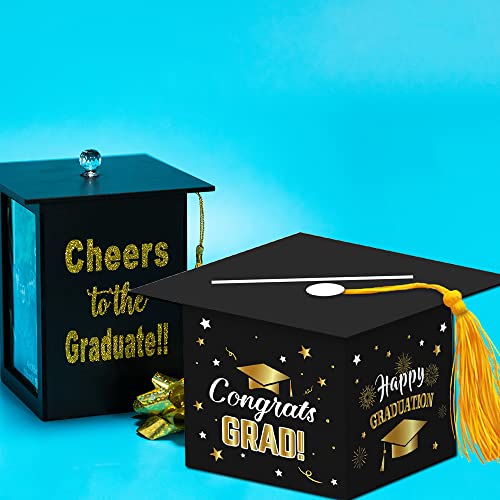 Image of 2026 Graduation Party Card Box, Black Gold Congrats Cap Card Holder Box with Tassel for 2026 Graduation Party Decoration