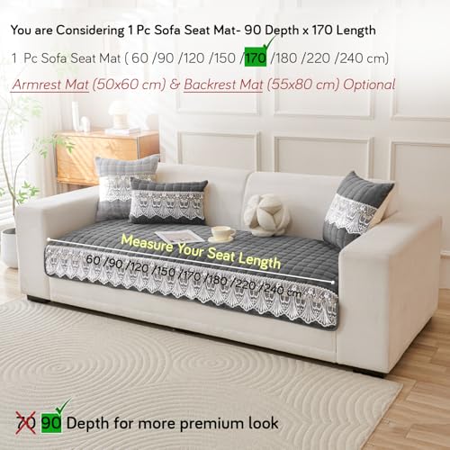 Image of HOKIPO 'BelleLace Series' Imperial Milk Velvet Sofa Cover Mat with Lace Design| Make Your Own Sofa Cover Set, Mat Length 90(D) x 170(L) cm, Porpoise Grey (AR-5966-DGRY)