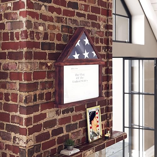 BizChair Flag and Certificate Display Case, Solid Pine Wood Flag Shadow Box Fits 9x5 Folded Burial Flag, Mahogany Finish