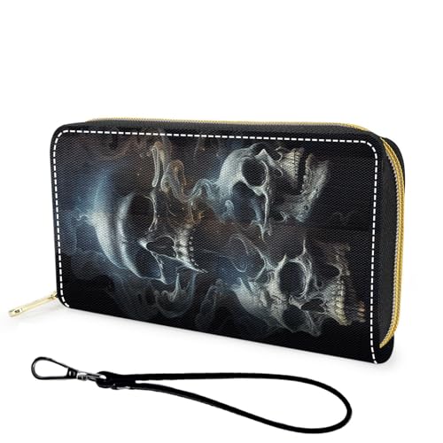 Wallet,Large Capacity RFID Blocking Leather Wallet, Durable Smooth Zipper Clutch,Unisex Travel Wallet for Cards,Cash,and Coins,Skull Smoke