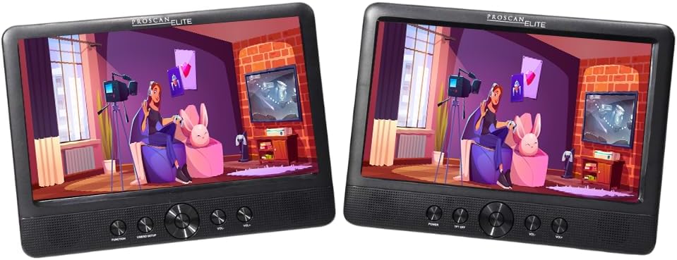 Proscan Elite 10.1" Dual Screen Portable CD DVD Media Player Black, SD Card slot, USB, 3.5mm Jack, For Car use Family Vacation or Travelling - PEDVD1082 (Renewed)