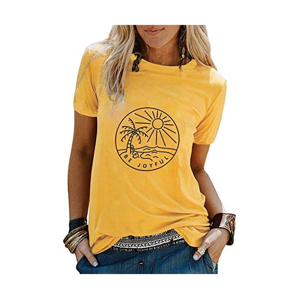 Be Joyful Sunshine T-Shirt Women Beach Coconut Trees Graphic Shirt Spring Vacation Tee Tops
