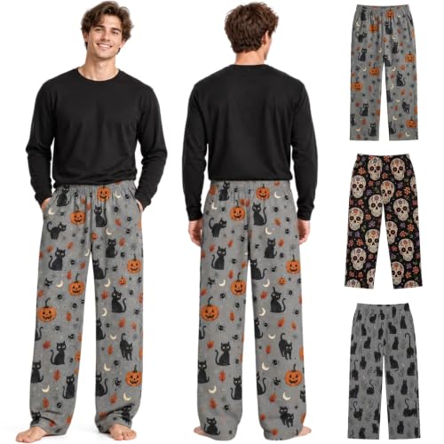 YVENLG Halloween Pajamas Pj Pants,Mens Halloweens Pajamas Pj Costumes for Men,Halloween Pajama Pants Men,Funny Pumpkin Cat Print Fall Loose Fit Elastic Unisex Wide Leg Lounge Pjs Pant 01 Grey M - image 1