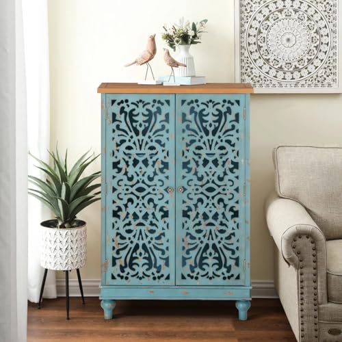 WoodArrow Decorative Storage Cabinet, 120 x 80 x 35 cm, Vintage Blue Carved Door Design, Living Room Accent Cabinet with Shelves (Blue)