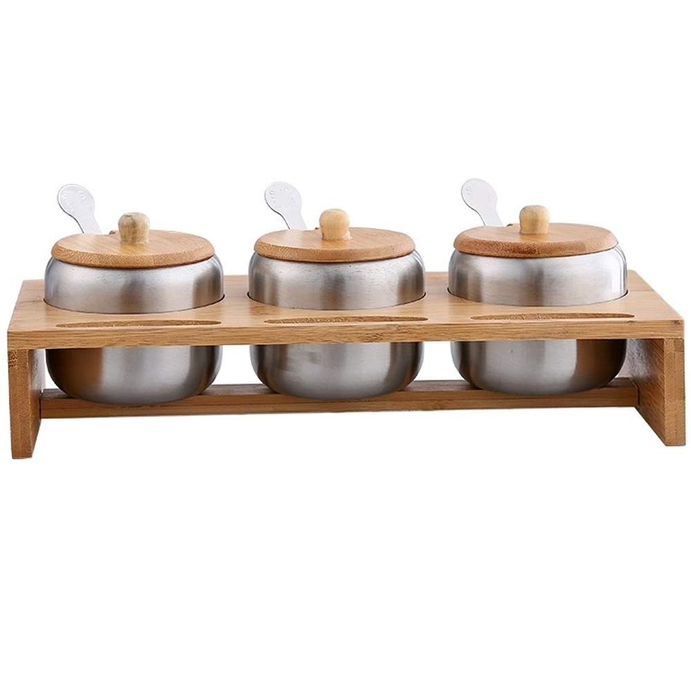IANSHFKN Stainless Steel Seasoning Pot Combination Three-flavor Set, with and Wood Structure Household Kitchen Utensils, Salt and Sugar Bowl