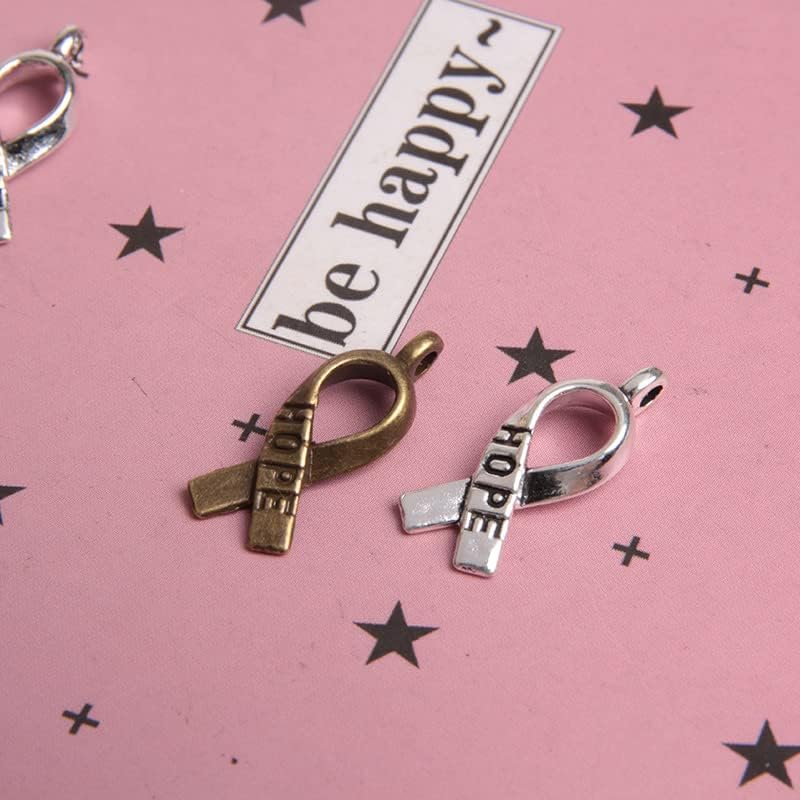 Wixine 200Pcs Hope Breast Cancer Ribbon Awareness Charms Hope Ribbon Pendants Antiqued Silver Tone 7 x 15 mm Making DIY Handmade Accessories Craft - Image 2