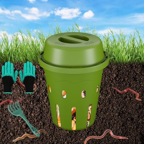 TOP XIAN Underground Worm Composting Bin, Outdoor Mini Inground Worm Composter for Beginners, Garden Compost Bin for Garden Beds & Home Use, Worm Farm Kit for Parent, Kids (7x7x7.4Inch), Green, 1-Pack