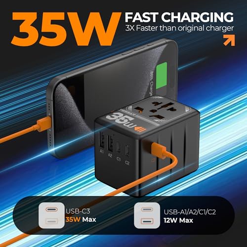 Image of TESSAN Universal Travel Adapter, 35W International Plug Adaptor with 3 USB C and 2 USB A Charging Ports, Worldwide Power Outlet for US to European EU UK AUS Ireland(Type C /G /A /I)