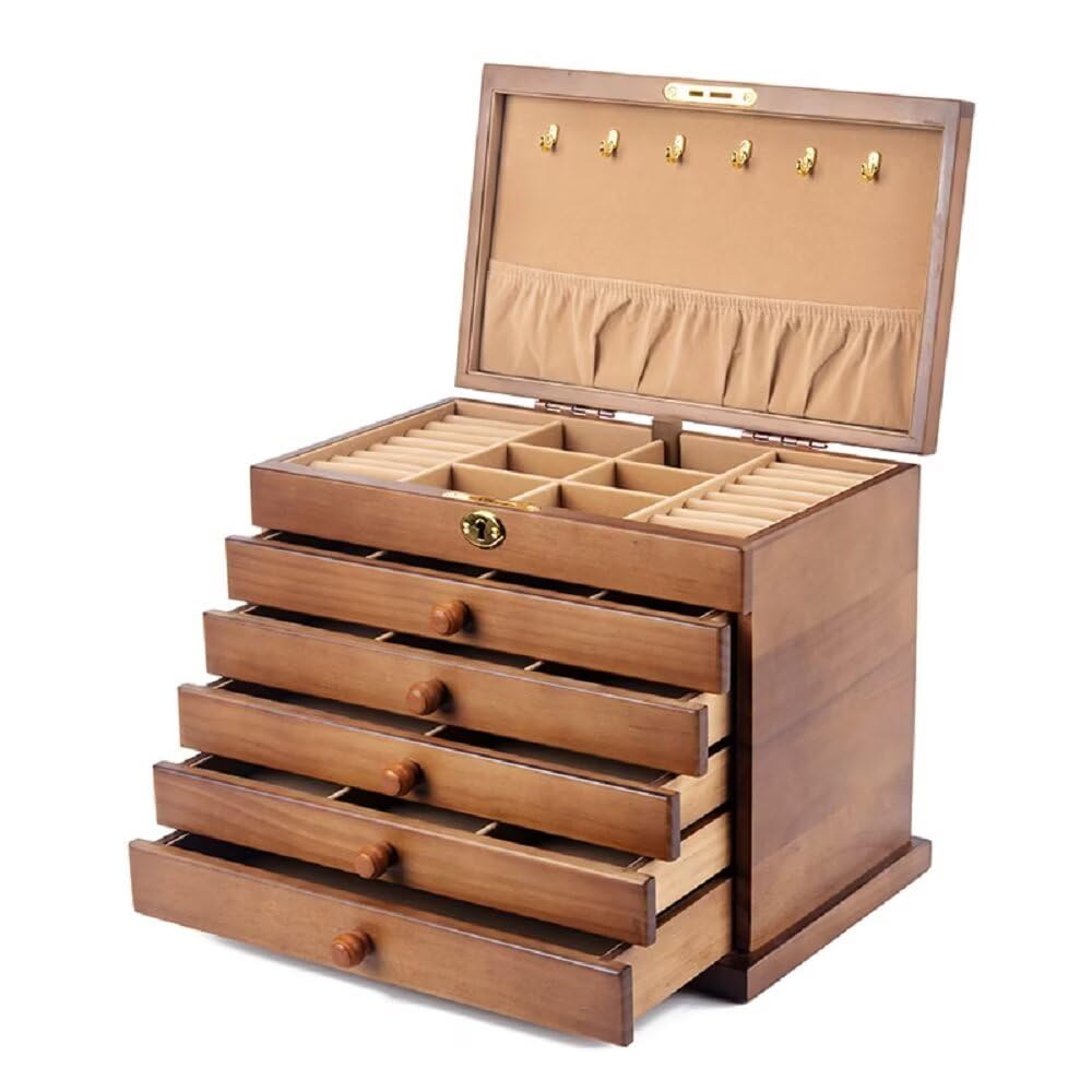 Organizador de joyas de 6 capas con cajones, estuche de almacenamiento de cuero para collares, pulseras, anillos y aretes