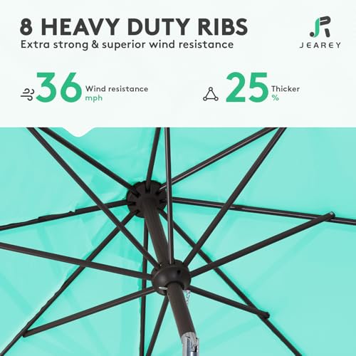 Image of JEAREY 9FT Outdoor Patio Umbrella Market Umbrella with Push Button Tilt and Crank, Outdoor Table Umbrellas 8 Sturdy Ribs UV Protection Waterproof for Garden, Deck, Backyard, Pool (Teal)