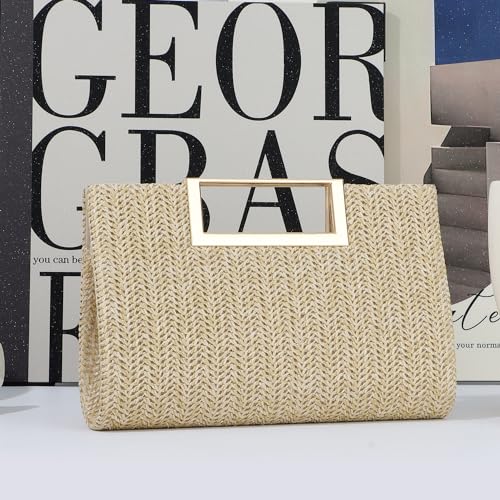 Image of Top Handle Straw Clutch for Women Summer Clutch Straw Evening Bag Raffia Crossbody Purses Woven Beach Clutch