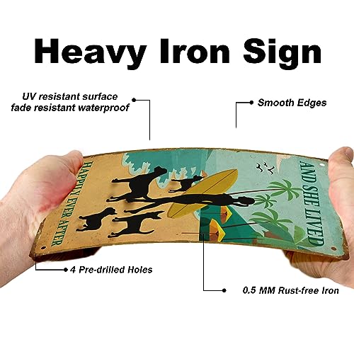 SUPERDANT Surfing Girl Metal Signs Girl Dog Tin Signs Beach Funny Signs and Plaques Vintage Metal Tin Signs She Lived Happily Metal Wall Art Painting for Bar Girls Room Man Cave Bathroom - Image 3
