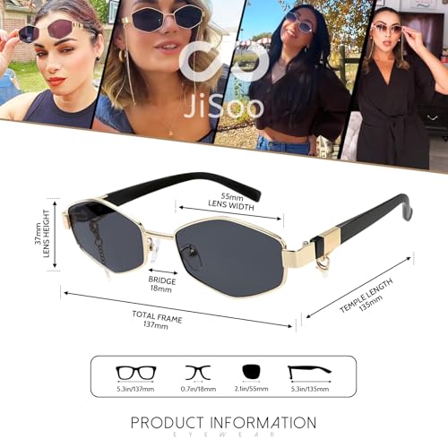 JiSoo Trendy Hexagon Sunglasses for Women - Gold Sunglasses Womens Designer, Geometric Festival Sun Glasses with Chain3