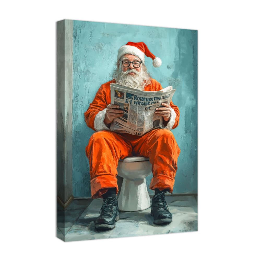 ZXHYWYM Santa Claus Wall Art Christmas Wall Decor Funny Bathroom Toilet Pictures Canvas Santa Bathroom Art Prints Santa on Toilet Poster Framed (Blue, (70.00 x 105.00 cms))