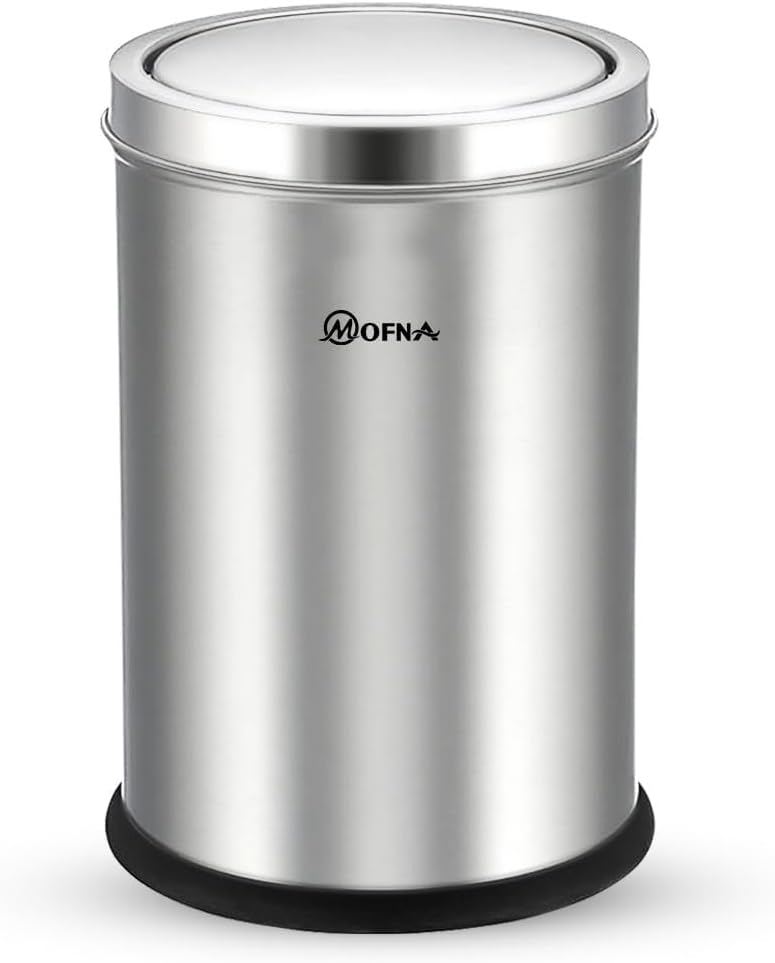 mofna Stainless Steel Swing lid dustbin, Garbage Bin, Trash Can, with removable lid For Home, Kitchen, Bathroom, Office & Commercial Use - 14x24 In -60 Liter, Silver, Pack of 1