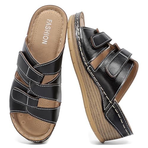 Womens Wedge Sandals Leather, Comfortable Slip On Slides Dressy, Orthopedic Sandals for Women, Open Toe Casua Arch Support Platform ladies Sandal Chunky Shoes