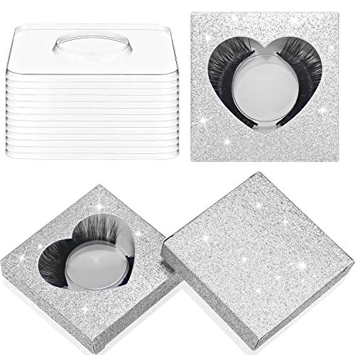 50 Set False Eyelash Packaging Box, Include 50 Empty Eyelash Case Glitter Paper Heart Shape Plastic Eyelash Storage Box False Lash Holder Storage Box with 50 Lash Tray, 50 Glitter Paper (Silver)