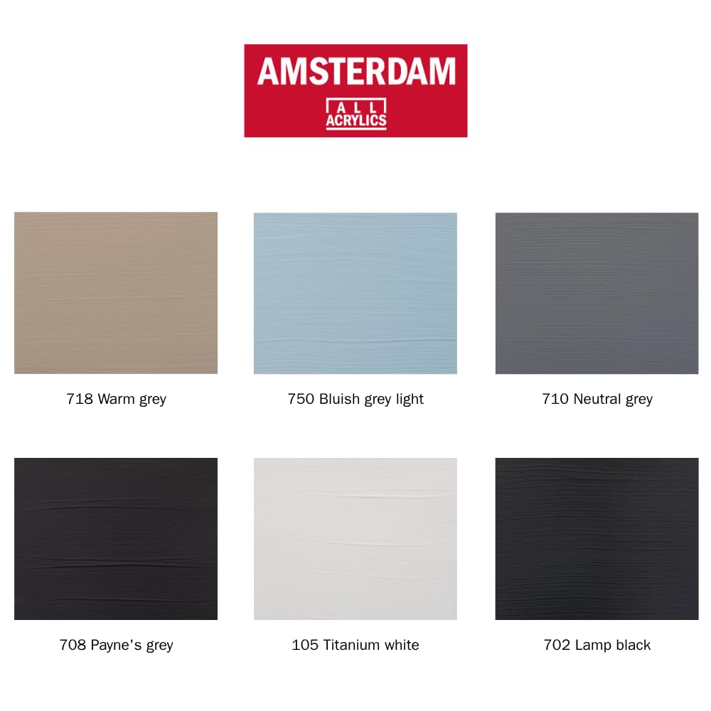 Amsterdam Set de pintura acrílica tonos de gris, 6 x 20 ml | pigmentos de, colores versátiles, resistentes a la luz, fórmula duradera