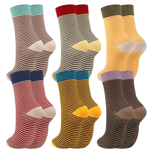 Image of Jspupifip Womens Strip Crew Socks 6 Pairs Cotton Casual Athletic Socks Cute College Style Ribbed Colorful Crew Sock