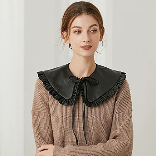 Women Faux Leather Black False Collar Shawl for Doll Ruffled Wrap Self-Tie Ponch4