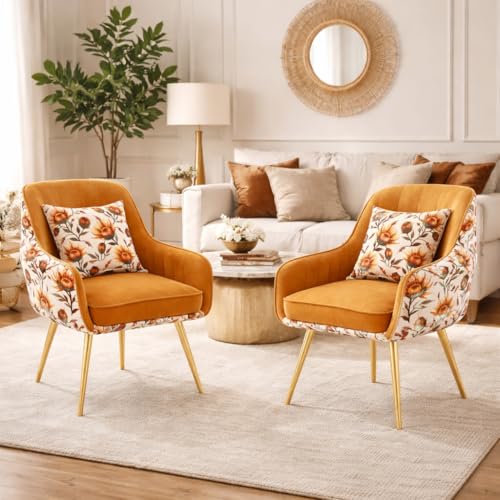 Image of Velvet Accent Chair | Luxury Upholstered Armchair with Sturdy Metal Legs | Modern Comfortable Chair for Living Room, Bedroom, Office, or Cafe (Golden Legs, Light Brown Floral)