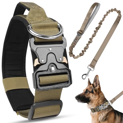 Viugex Juego de Collar y Correa para Perros, Collares Perro Táctico con Suave Acolchado, Ajustable Collar Nylon, Duradero y Cómodo para Perros Pequeños Medianos Grandes (Caqui, XL)