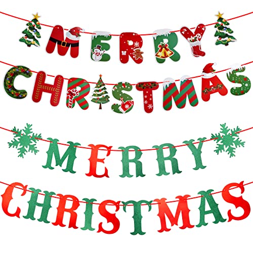 Miayon 2 PCS Merry Christmas Banner in Red and Green Xmas Outdoor Indoor Glittery Decorations Christmas Party Supplies for Home Fireplace Office Wall Decor