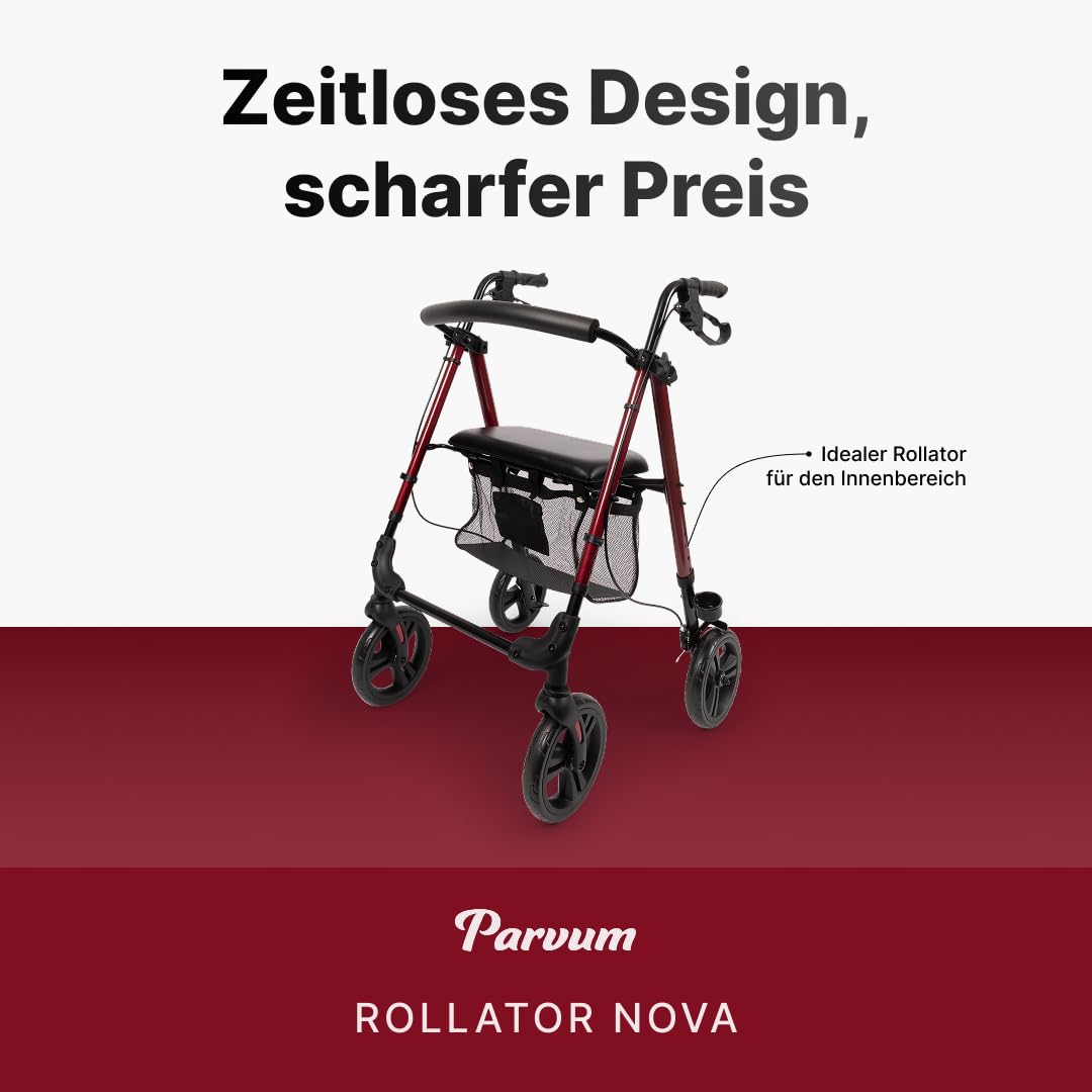 Nova Rollator – Leichter und stabiler Rollator für Senioren, faltbar und höhenverstellbar, mit Sitz, Rückenlehne, Tasche, Stockhalter, pannensicheren Rädern – nur 6,9kg – Gehhilfe - Rot