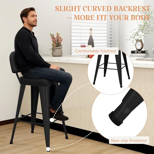 Image of Yongchuang 26 inch Bar Stools Set of 4, Black Faux Leather Counter Height Stools with Back Metal Legs Modern Upholstered Kitchen Island Bar Chairs